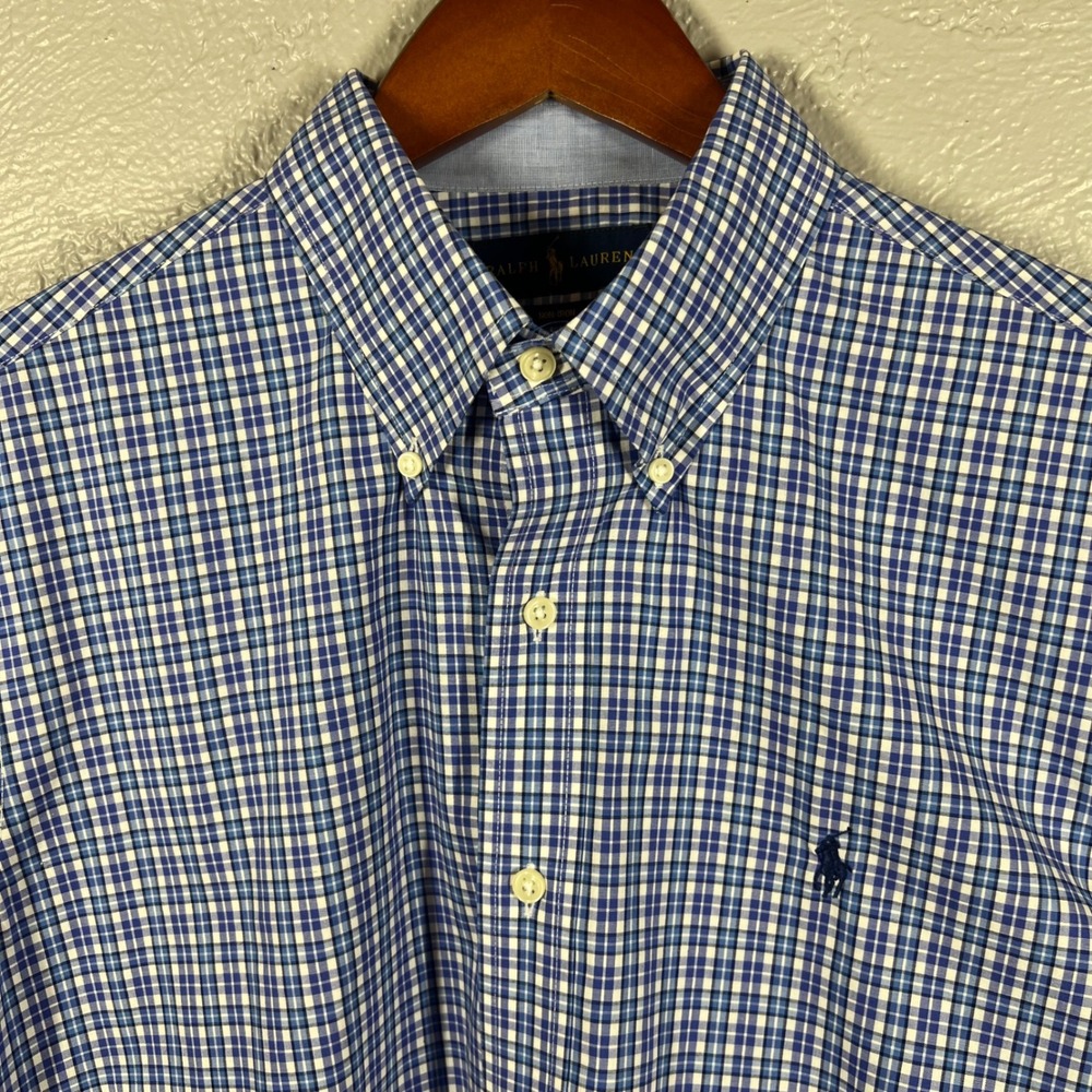 Ralph Lauren Mens L Blue White Check Non-Iron Cotton Button Down Shirt LS